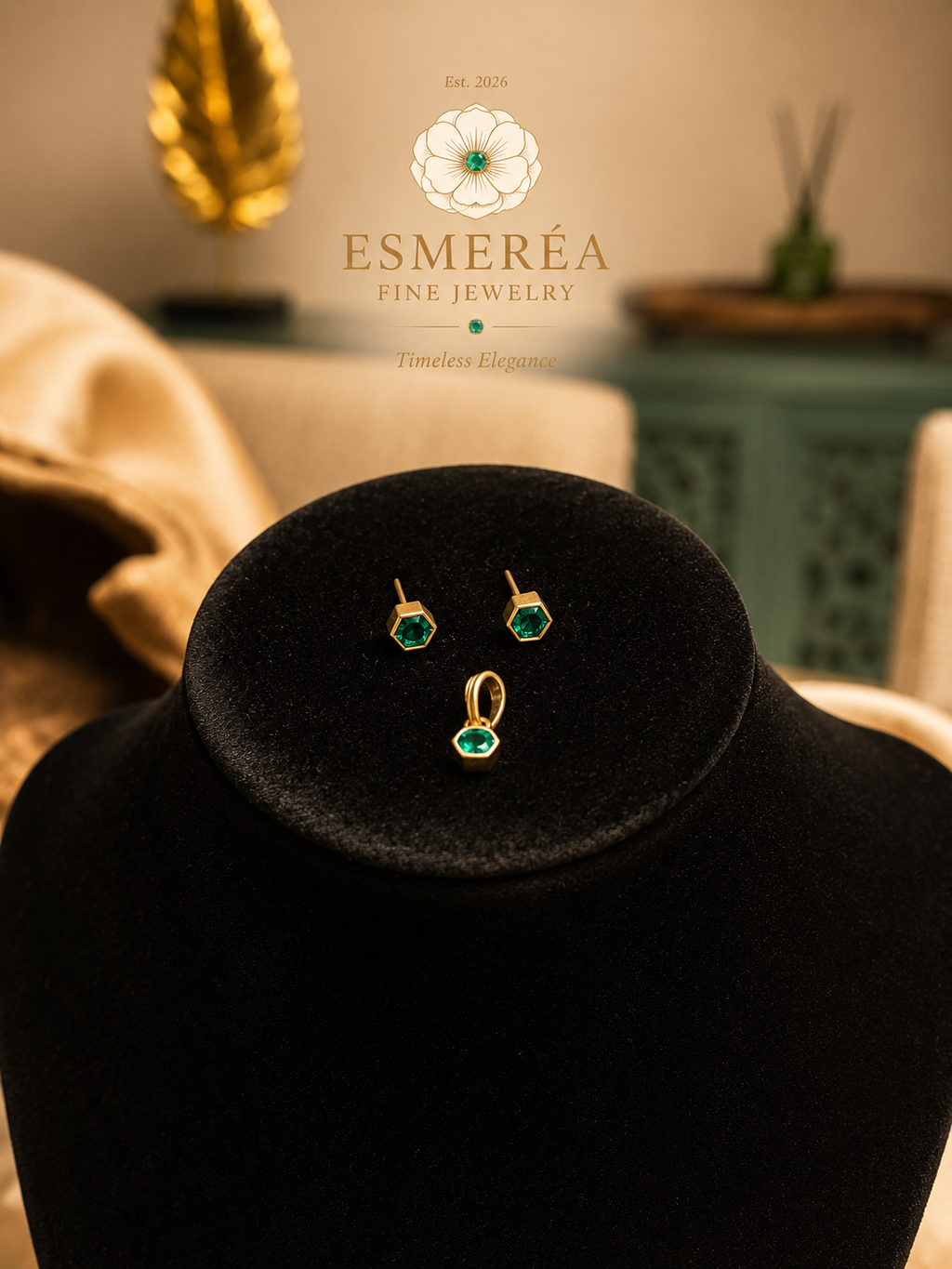 18K Gold Hexagonal Jewelry Set — Pendant & Earrings