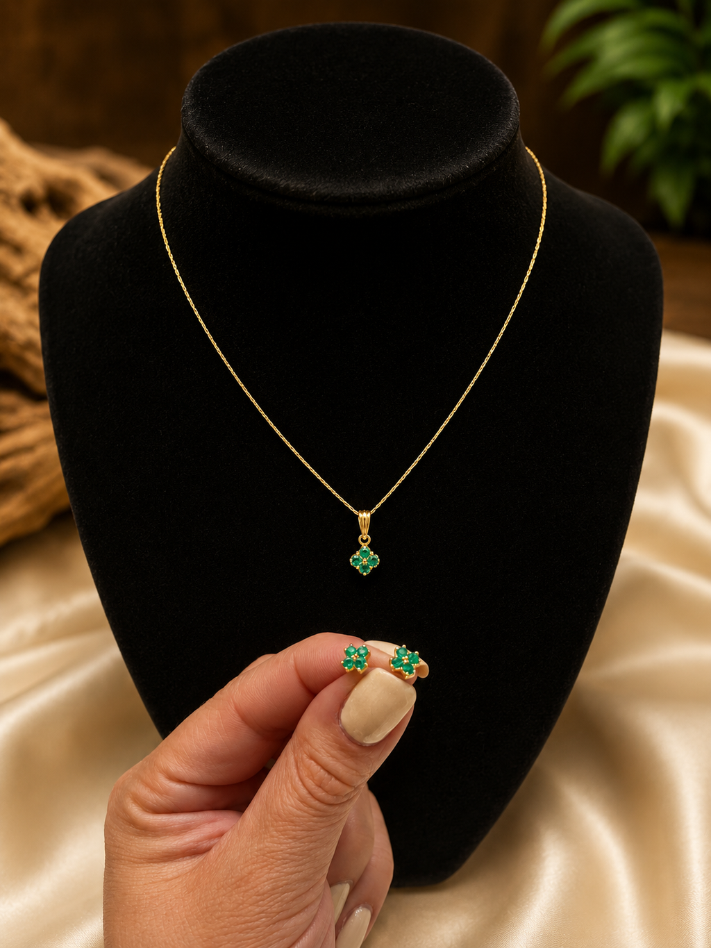 Emerald & 18K Gold Flower Design Jewelry Set